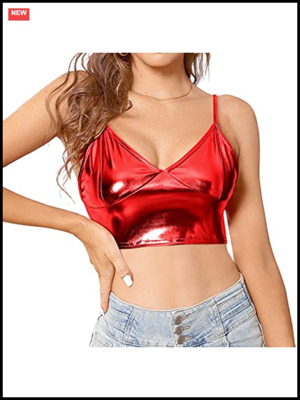 Metallic Shiny Crop Top Sleeveless V-Neck Spaghetti Strap Party Tank Top